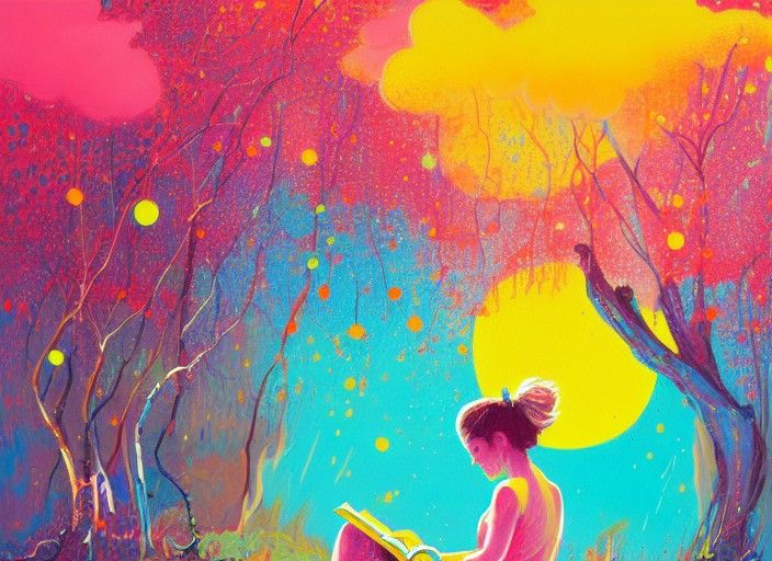 Girl Reading Book Under Tree: Pop Surrealism