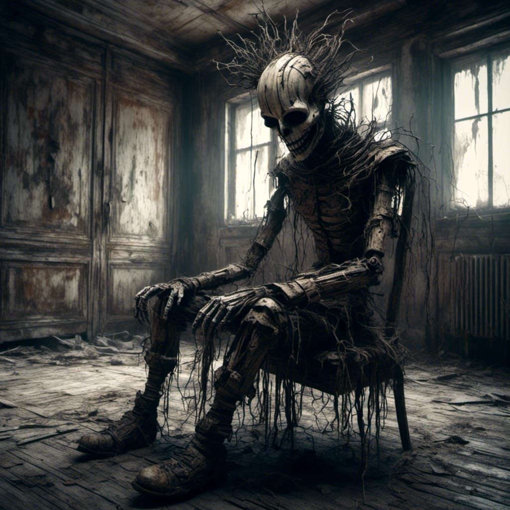 Creepy Clown in Abandoned Room: Sci-Fi Render