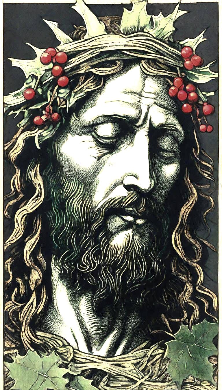 Jesus Christ with Holly Crown in Woodcut Style