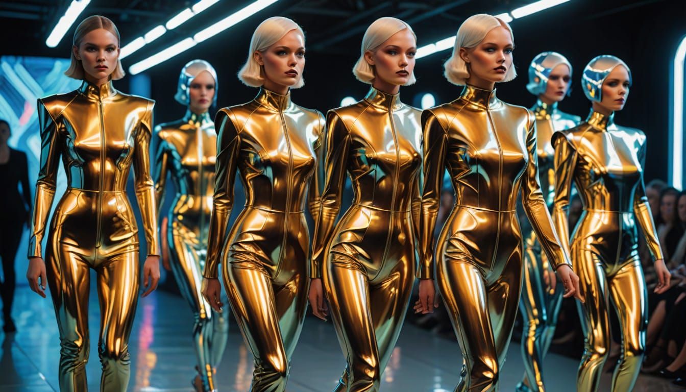 Futuristic Chrome Rubber Suits on Runway in Art Deco Style