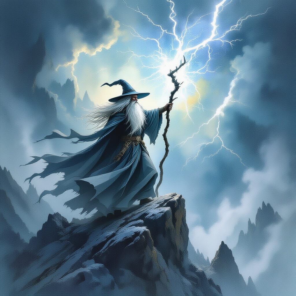 Gandalf Conjures Lightning on Windswept Peak