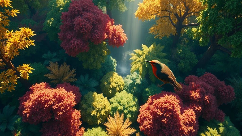 Proud Robin in Colorful Forest: Digital Painting