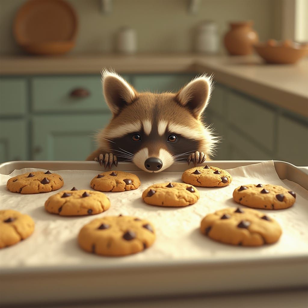 Raccoon Reaching for Cookies in Beatrix Potter Style