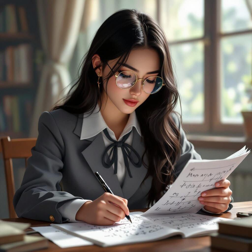 Woman in School Uniform Doing Math Homework, Fantasy Concept...