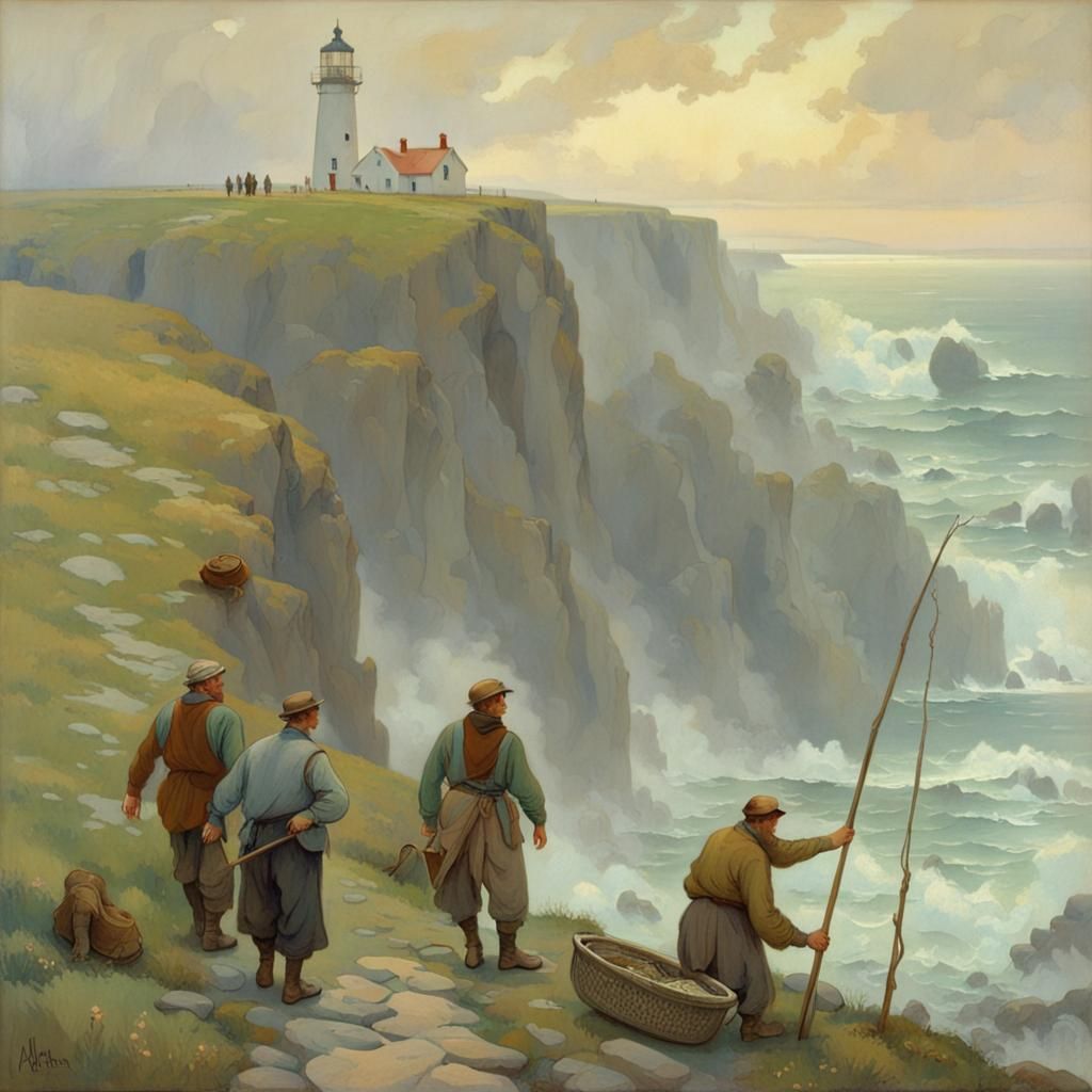 Irish Fishermen in Art Nouveau Style Painting