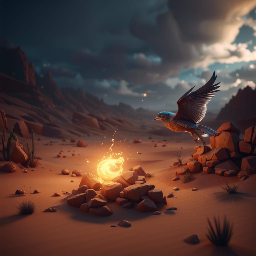 Fantasy Bird-Fish Hybrid in Fiery Desert Storm