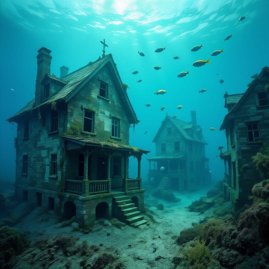 Underwater City Ruins with Overgrown Buildings and Fish
