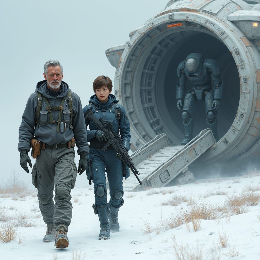 Hyperrealistic Figures Descend from Starship Ramp