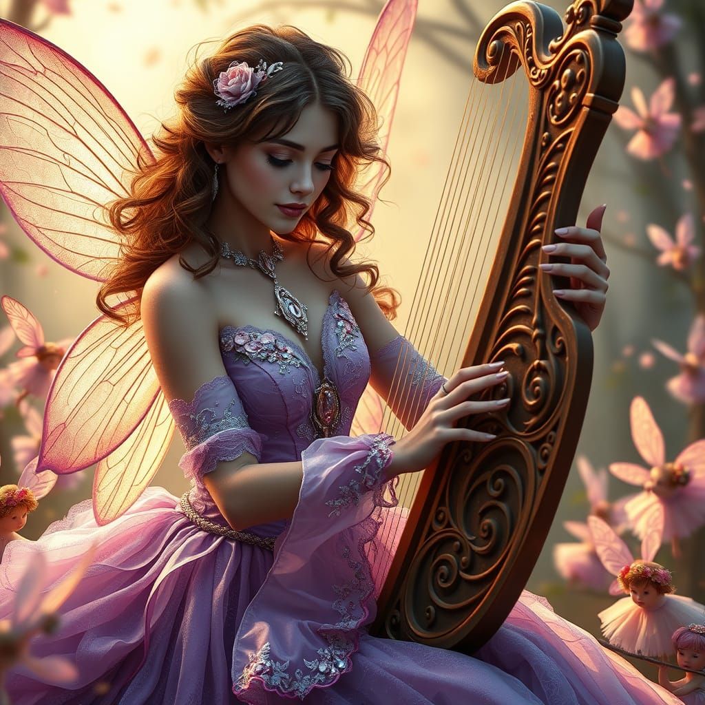 Ethereal Fairy Plays Harp in Whimsical, Dreamlike Landscape