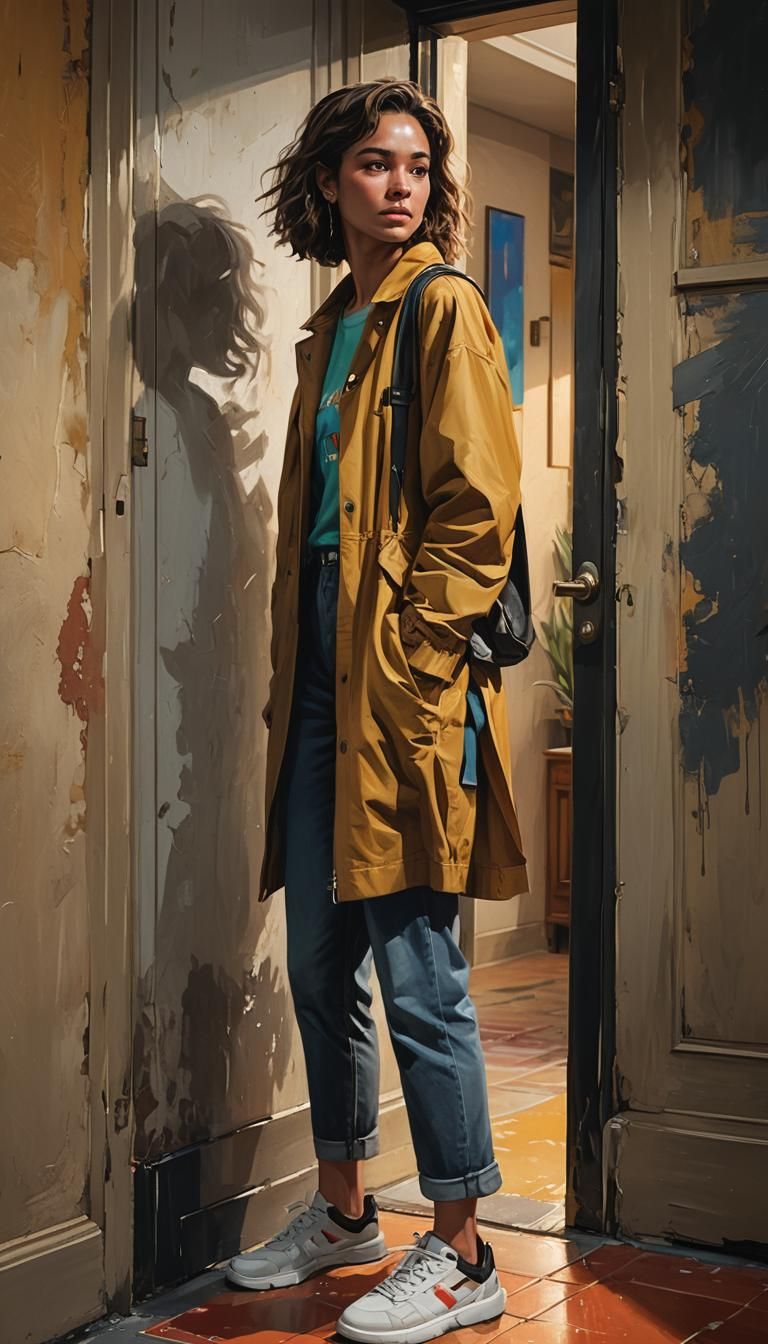 Woman in Dimly Lit Hallway: Rembrandt-Style Lighting