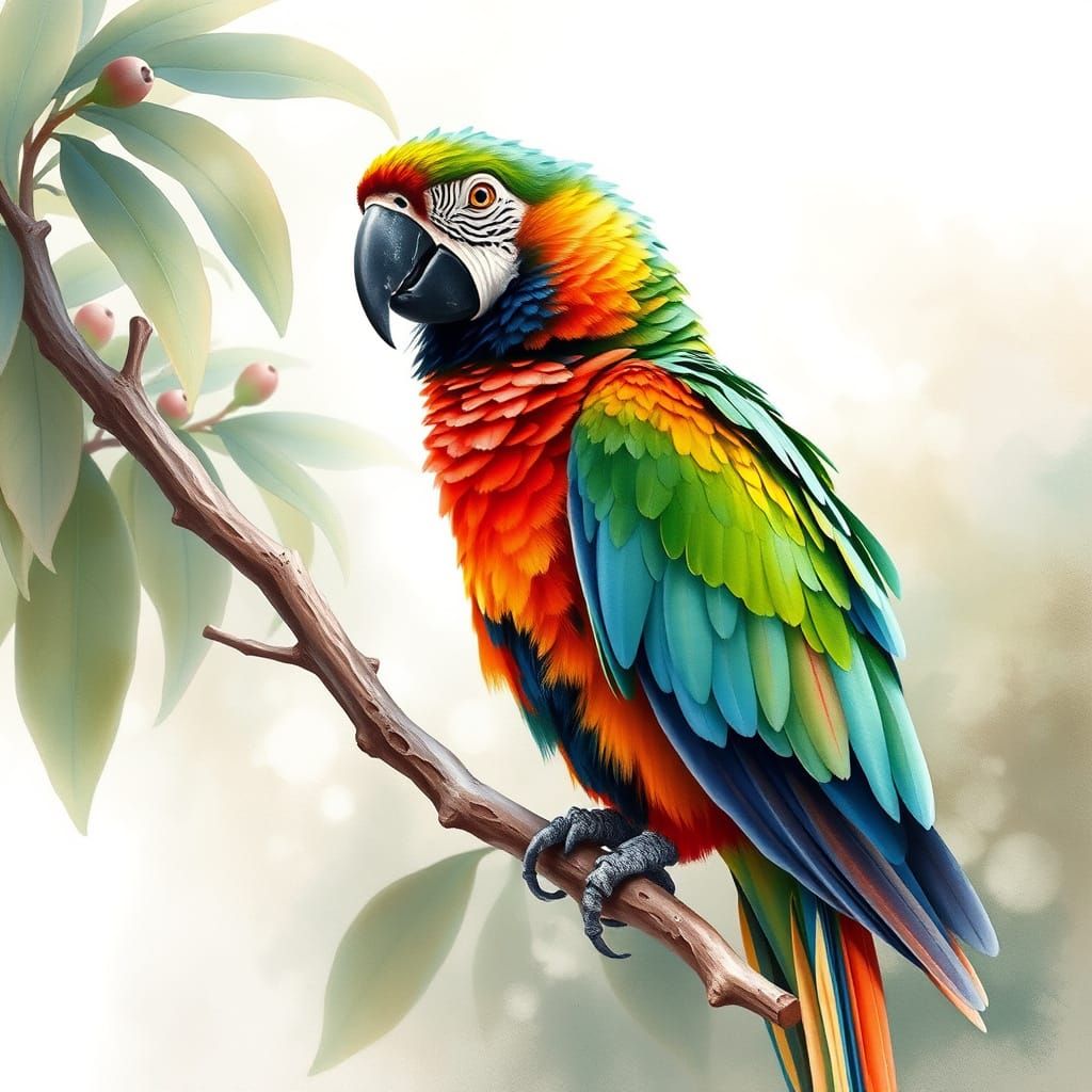 Delicate Watercolor Parrot Perched on a Branch