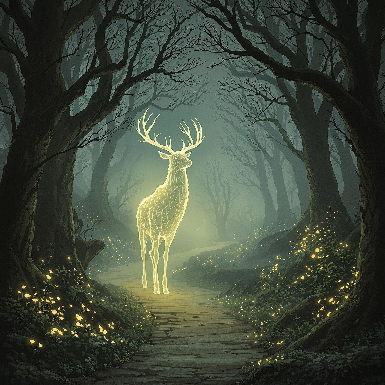 Ethereal Deer Guiding Travelers Through Enchanted Forest