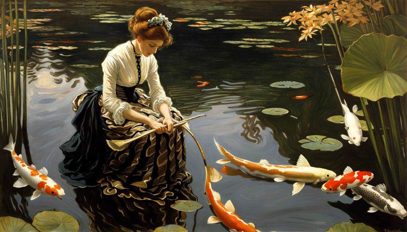 Victorian Woman with Trident by Koi Pond
