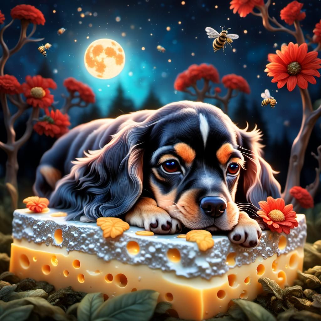 Dreamy Cocker Spaniel on Cheese Moon: 3D Render