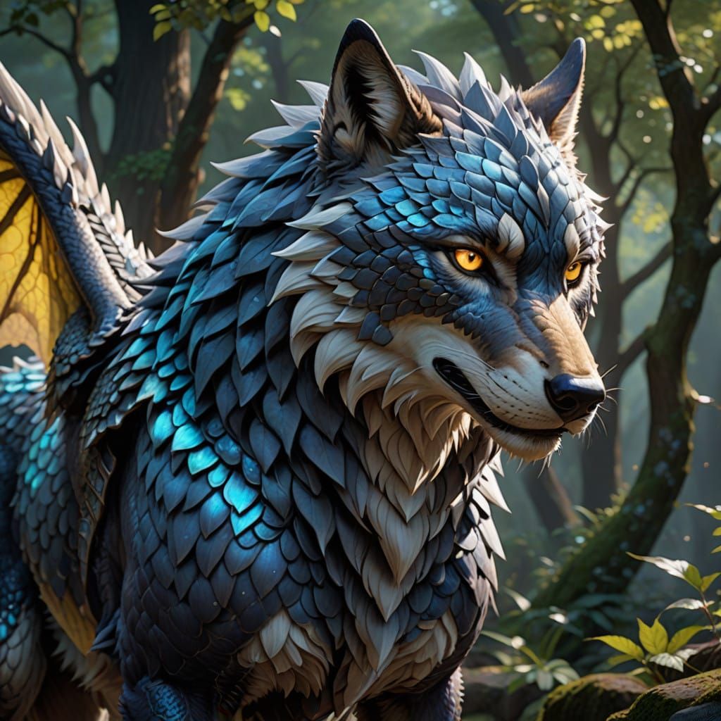 Majestic Wolf Dragon Hybrid in Vibrant Anime-Inspired 3D Art