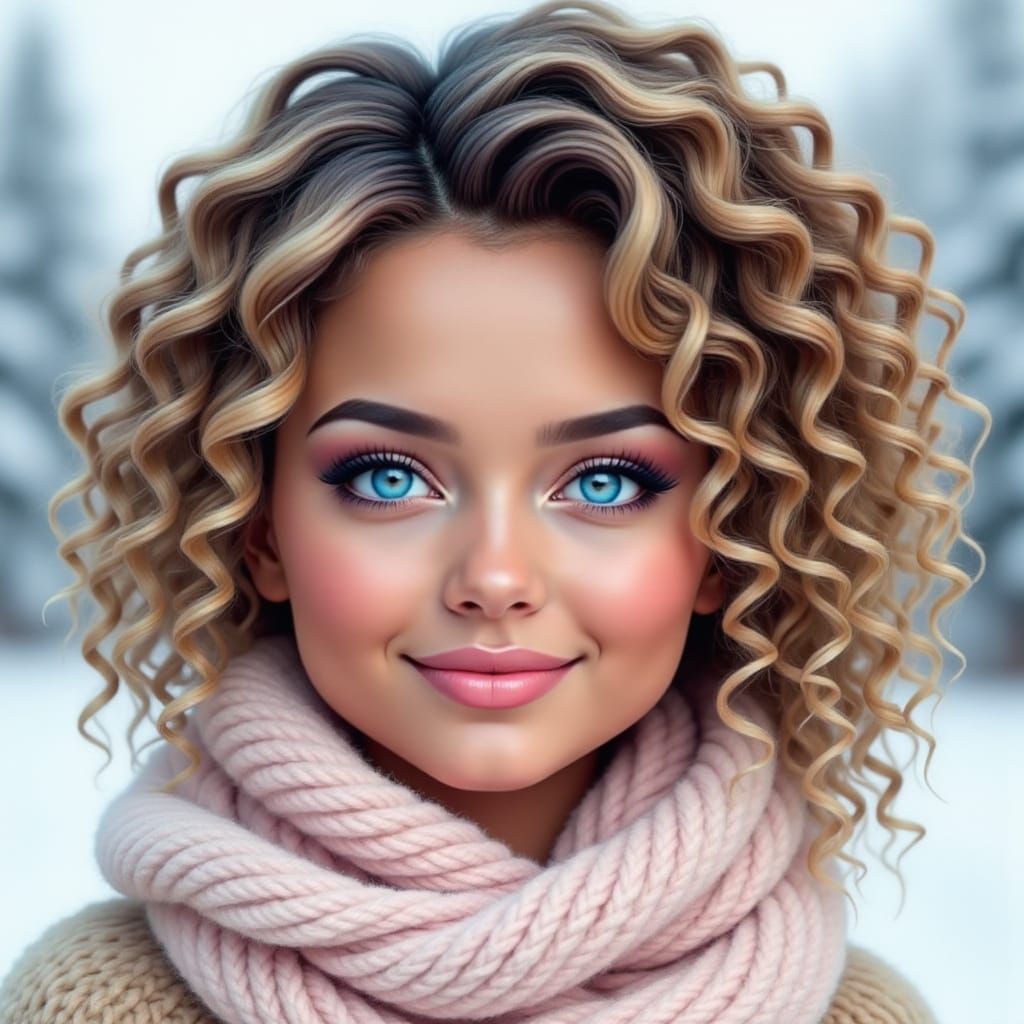 Cute Girl in Snowy Landscape with Rainbow Hair