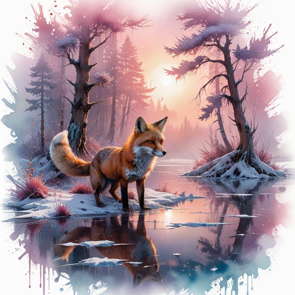 Red Fox on Frozen Lake at Dawn: Digital Matte Painting
