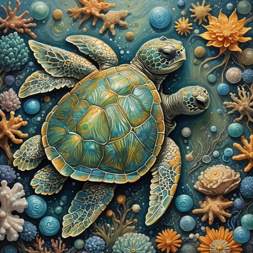 Metallic Gargoyle Sea Turtle in Hyperrealistic Splash Art