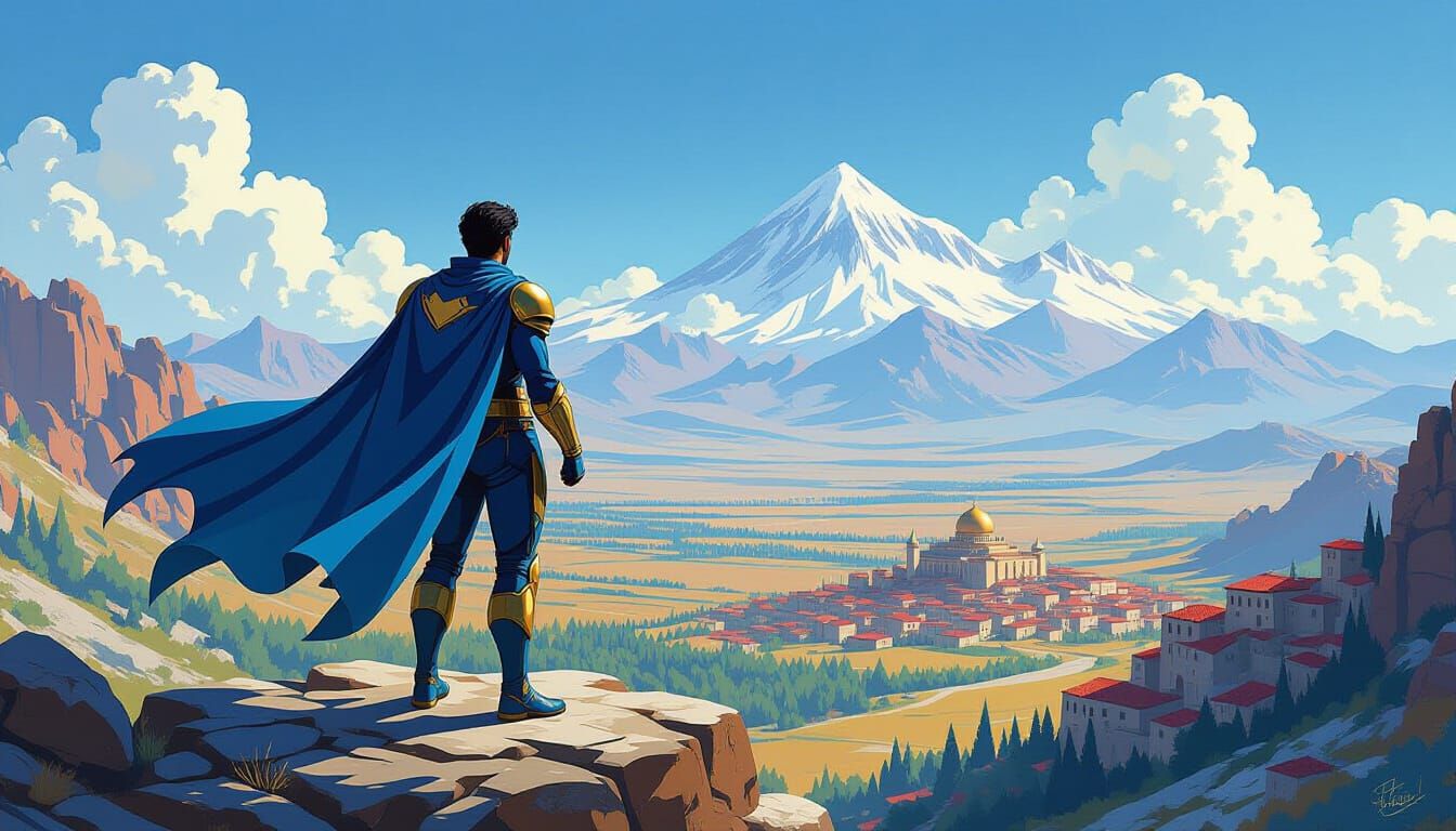 Syrian Superhero Overlooking Plains in Gouache and Watercolo...