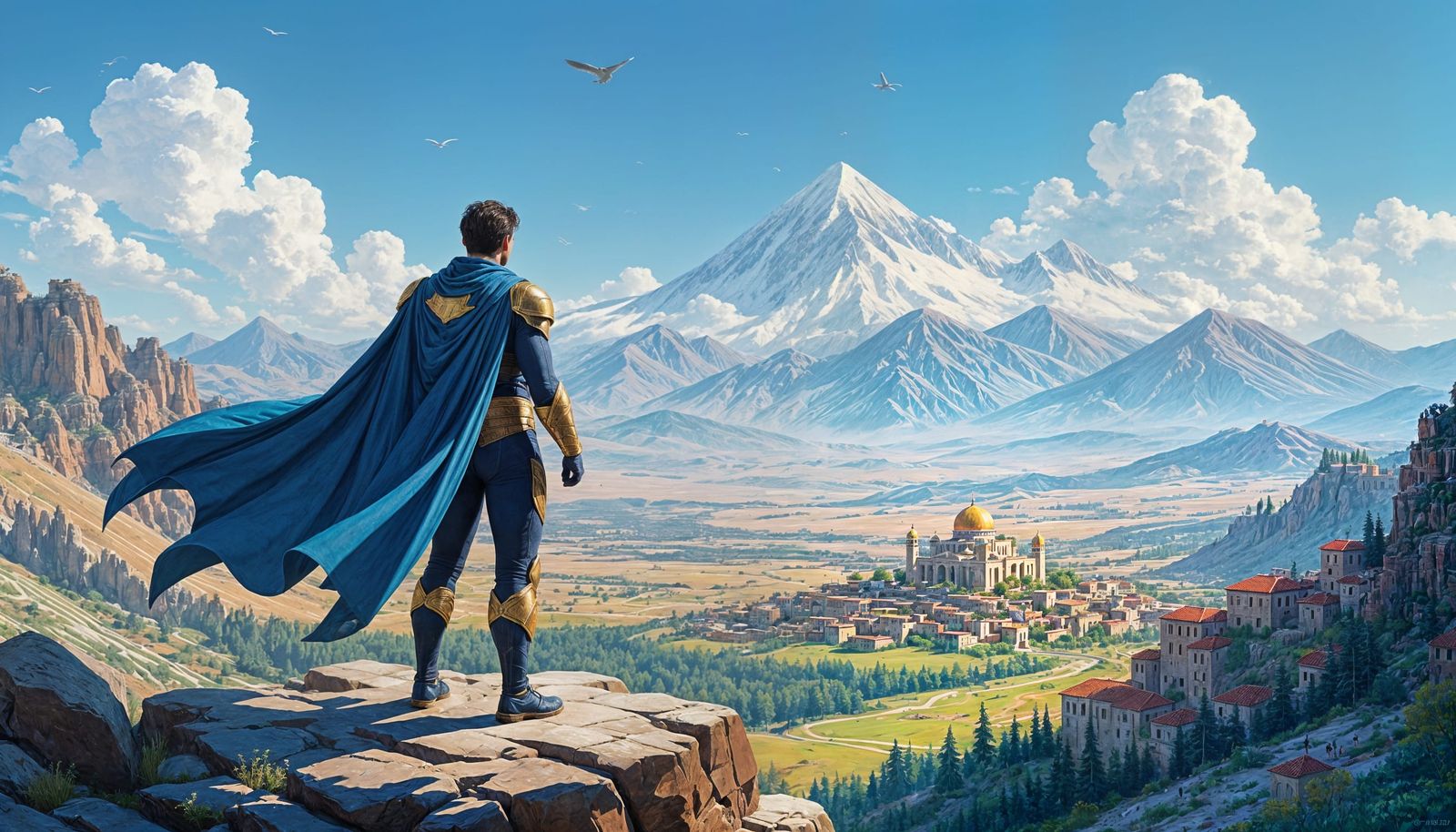 Syrian Superhero Overlooks Mountainous Landscape as Gouache ...