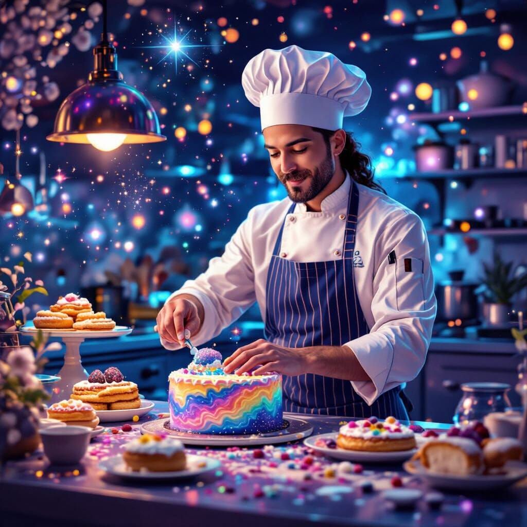 Cosmic Pastry Chef Crafts Nebula Cakes in Astral Kitchen