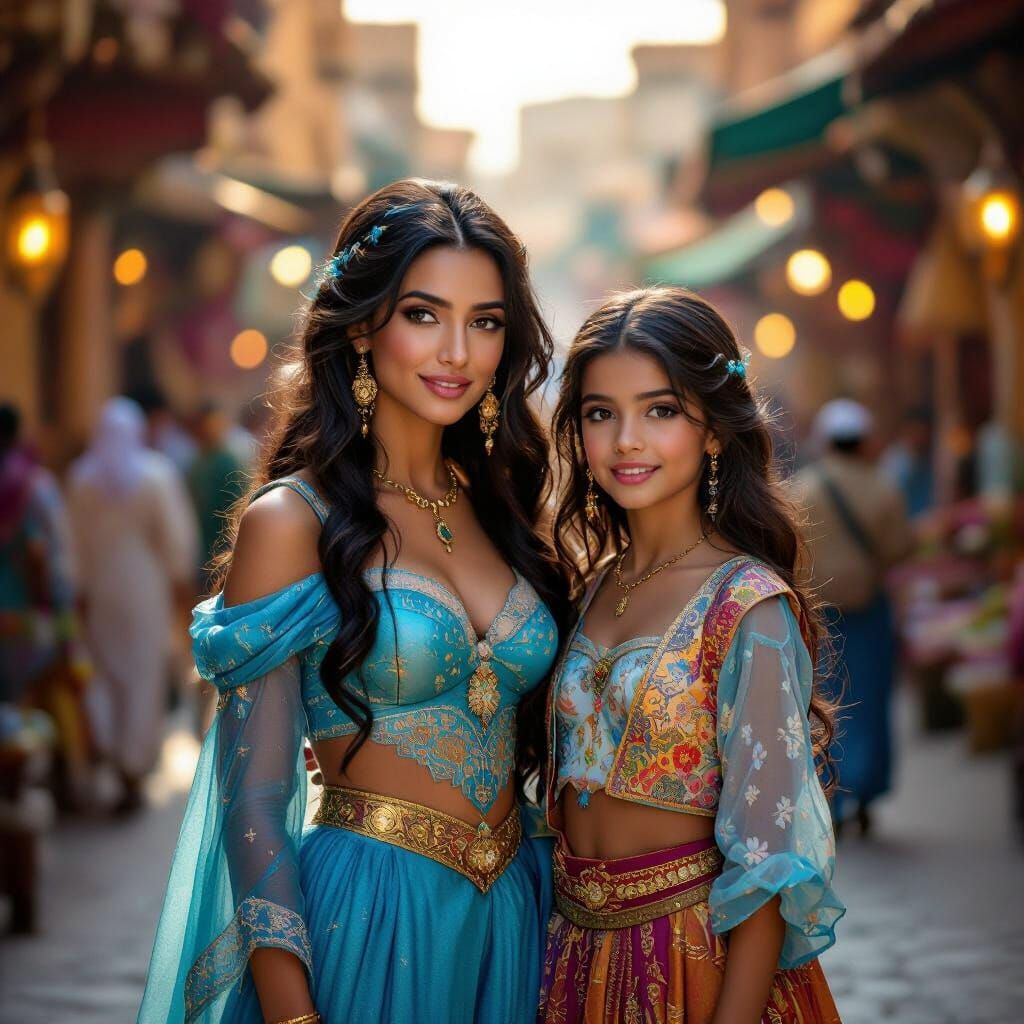 Jasmine and Daughter in Agrabah Marketplace