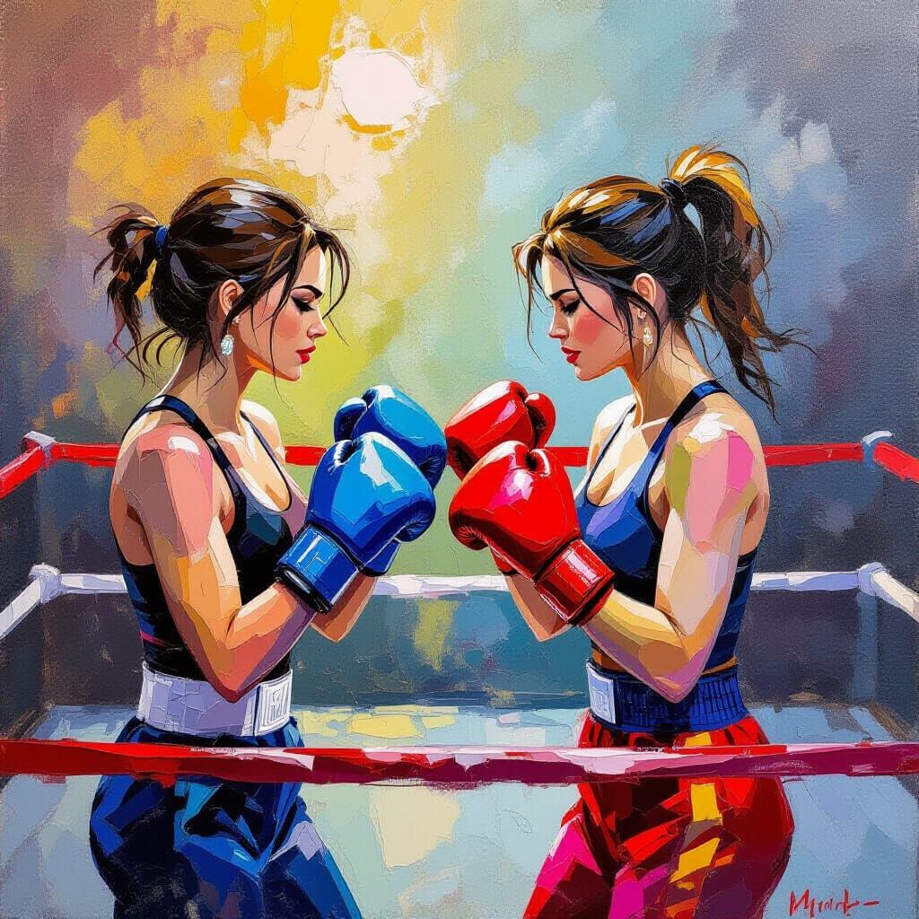 Two Women Boxing in Neo-Impressionist Style