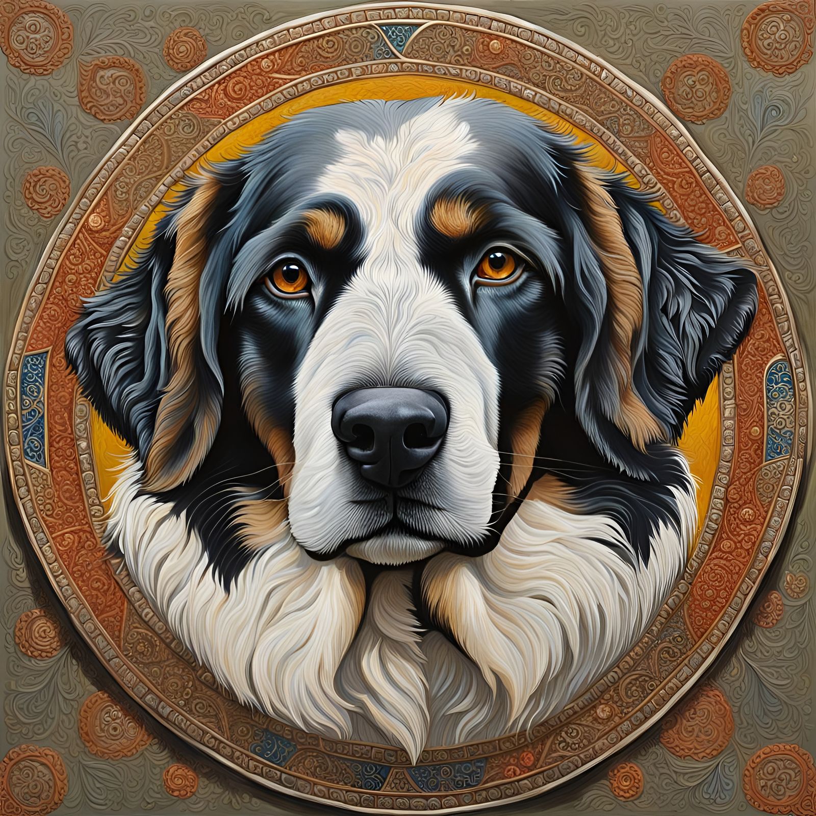 Gouache Portrait of Anatolian Sheperd Dog on Anatolian Rug Embroidery