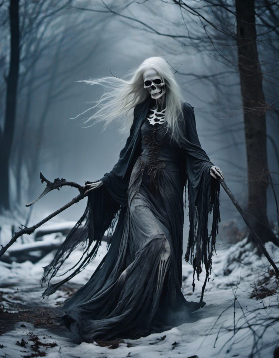 Smiling Grim Reaper in Misty Winter Forest