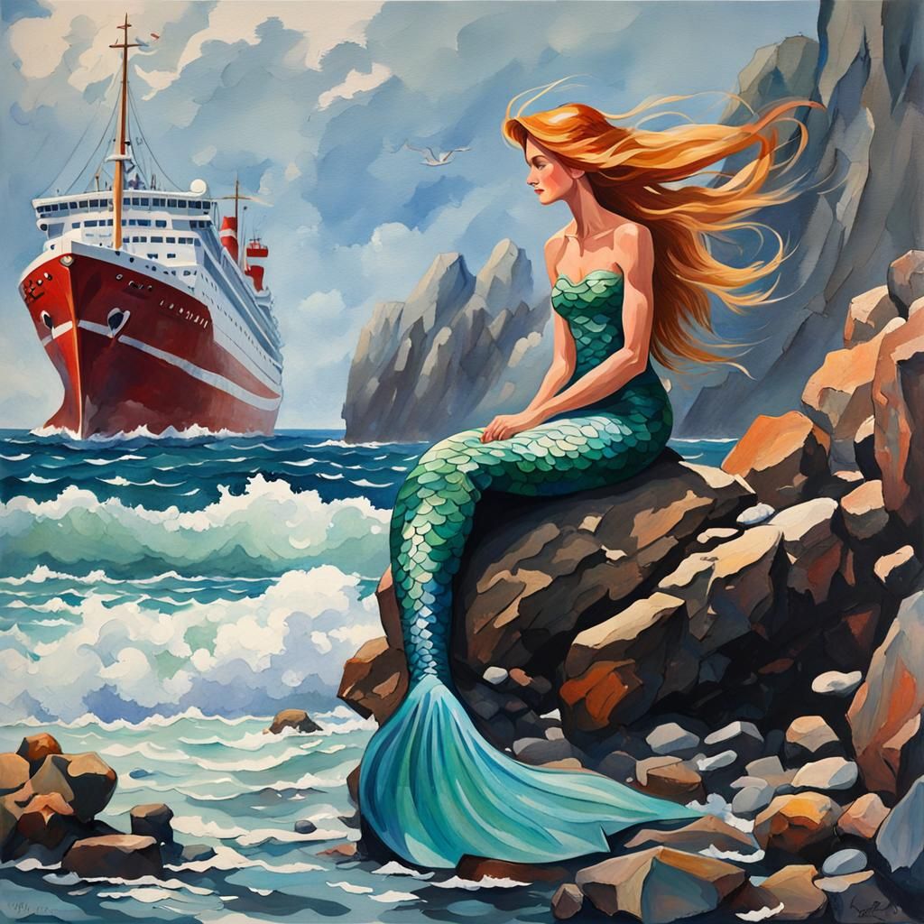 Mermaid Sits as Ship Crashes: Gouache Masterpiece