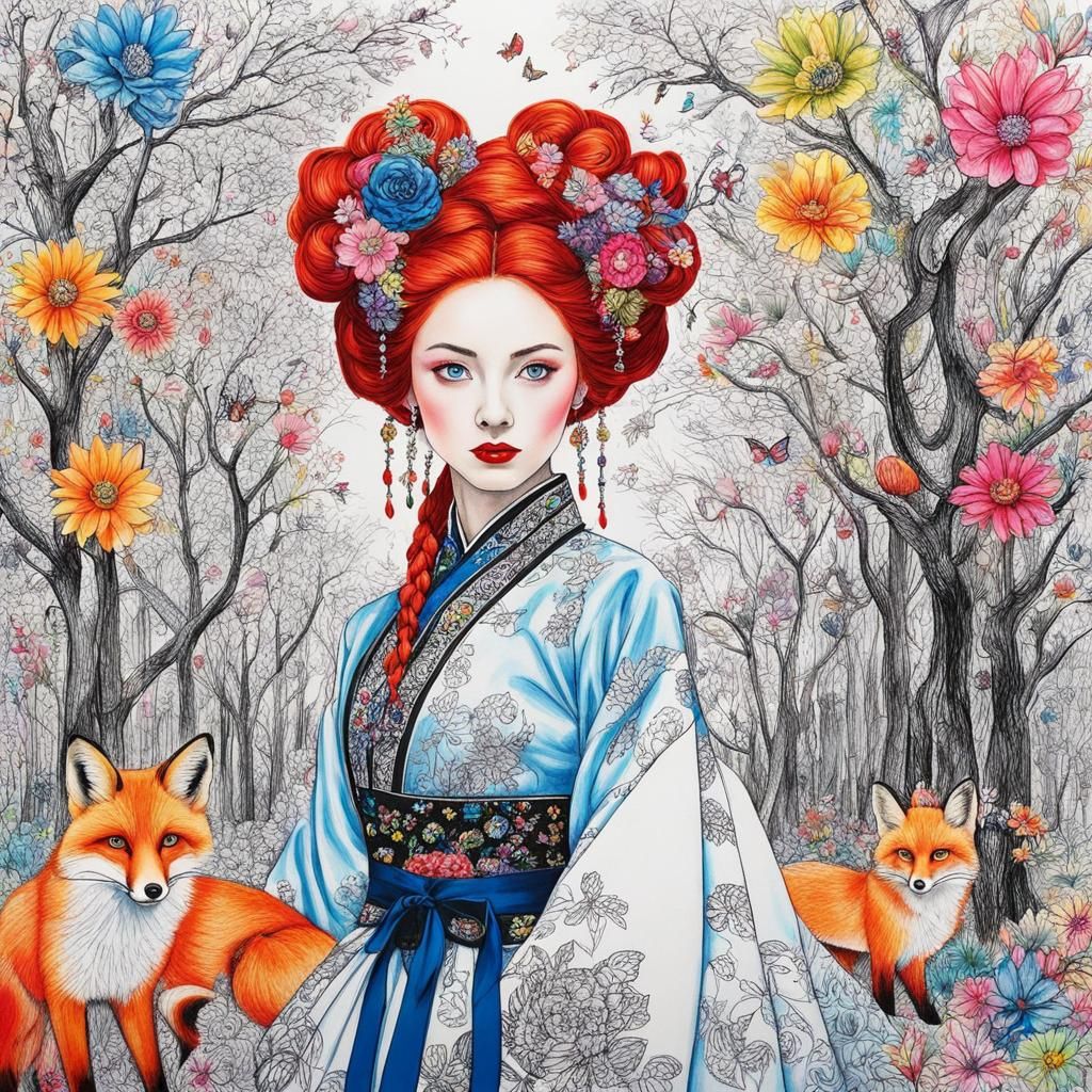 Red-Haired Girl in Hanbok Dress: Surreal Child's Drawing