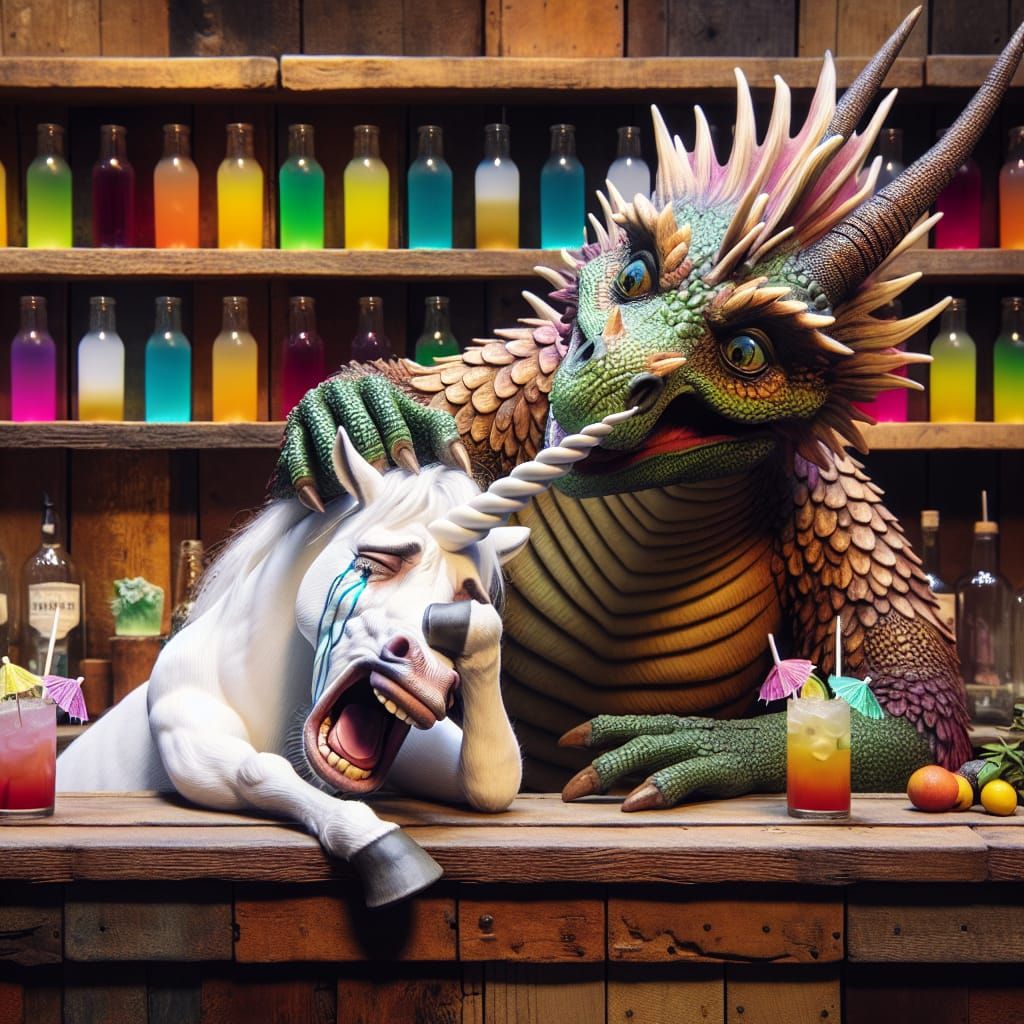 Distraught Unicorn Comforted by Dragon at Bar