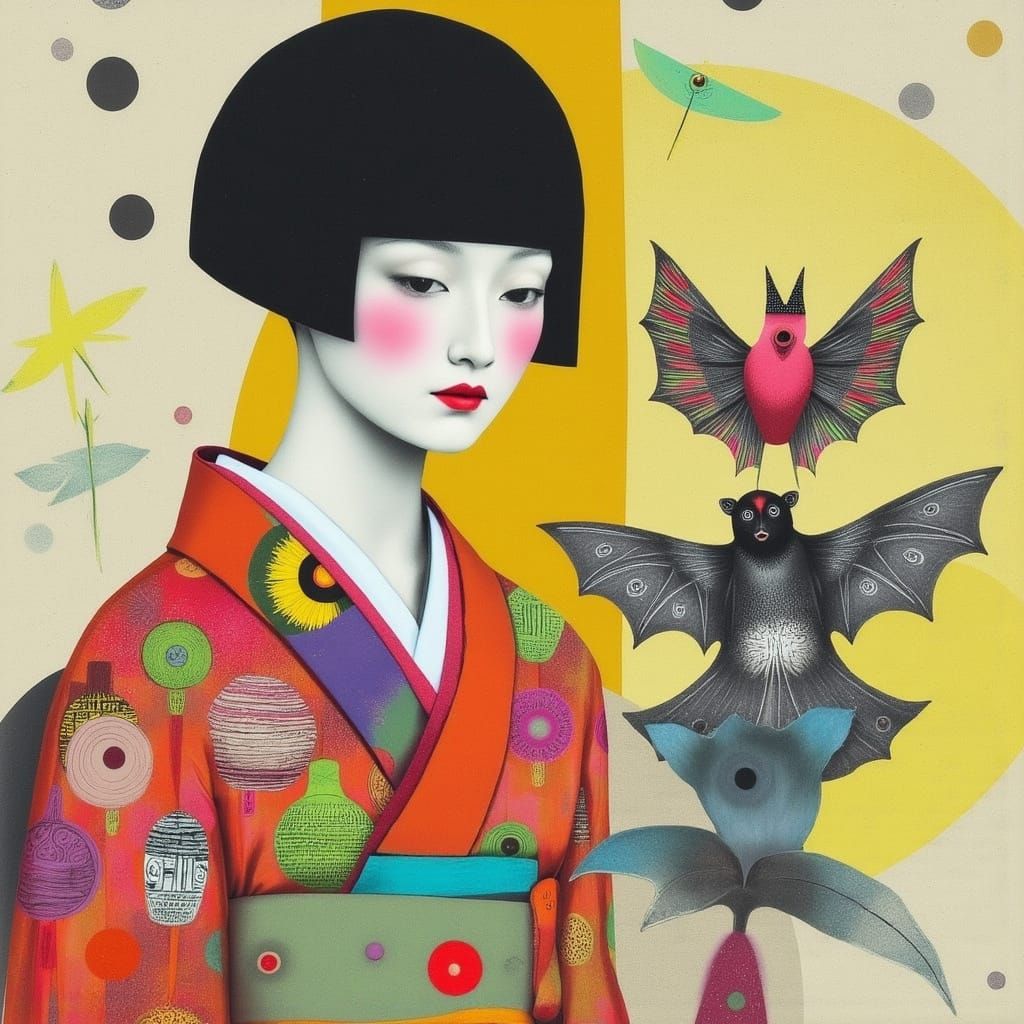 Woman in Colorful Geometric Kimono with Biomechanical Bat