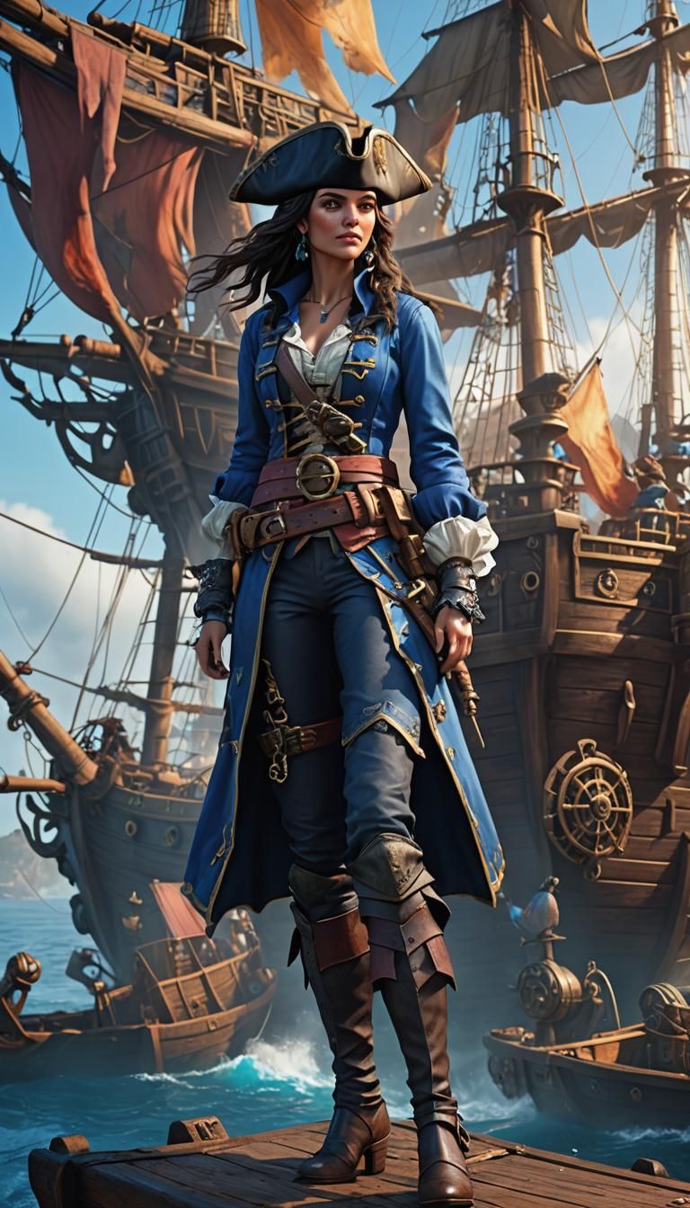 Autumn Female Pirate on Ship, Detailed Matte Painting