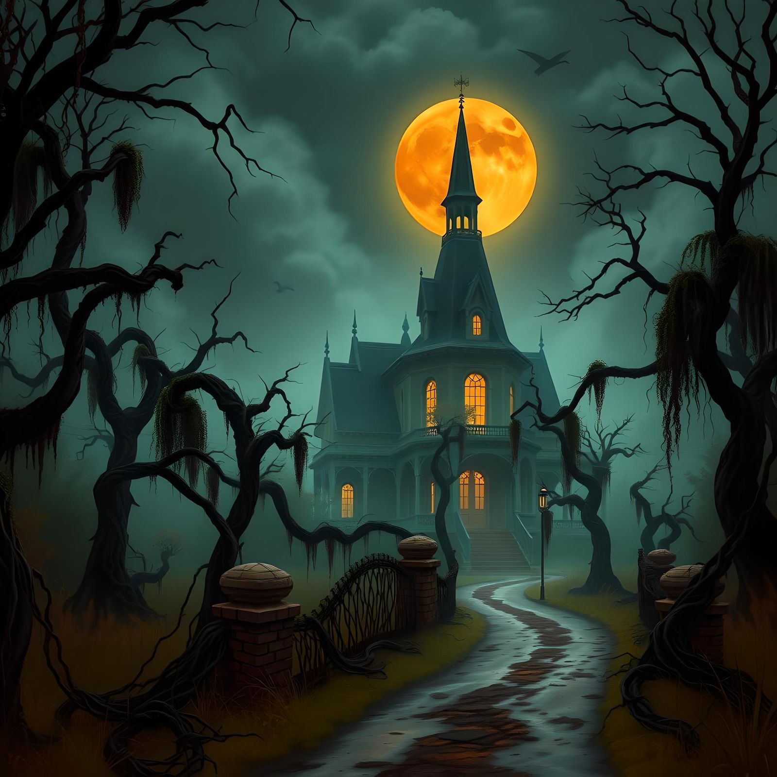 Gothic Haunted House in Bayou at Night