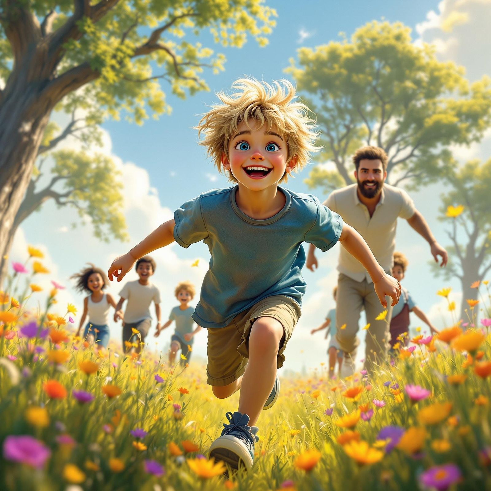 Boy Playing Tag in Sun-Drenched Meadow, Detailed Matte Paint...