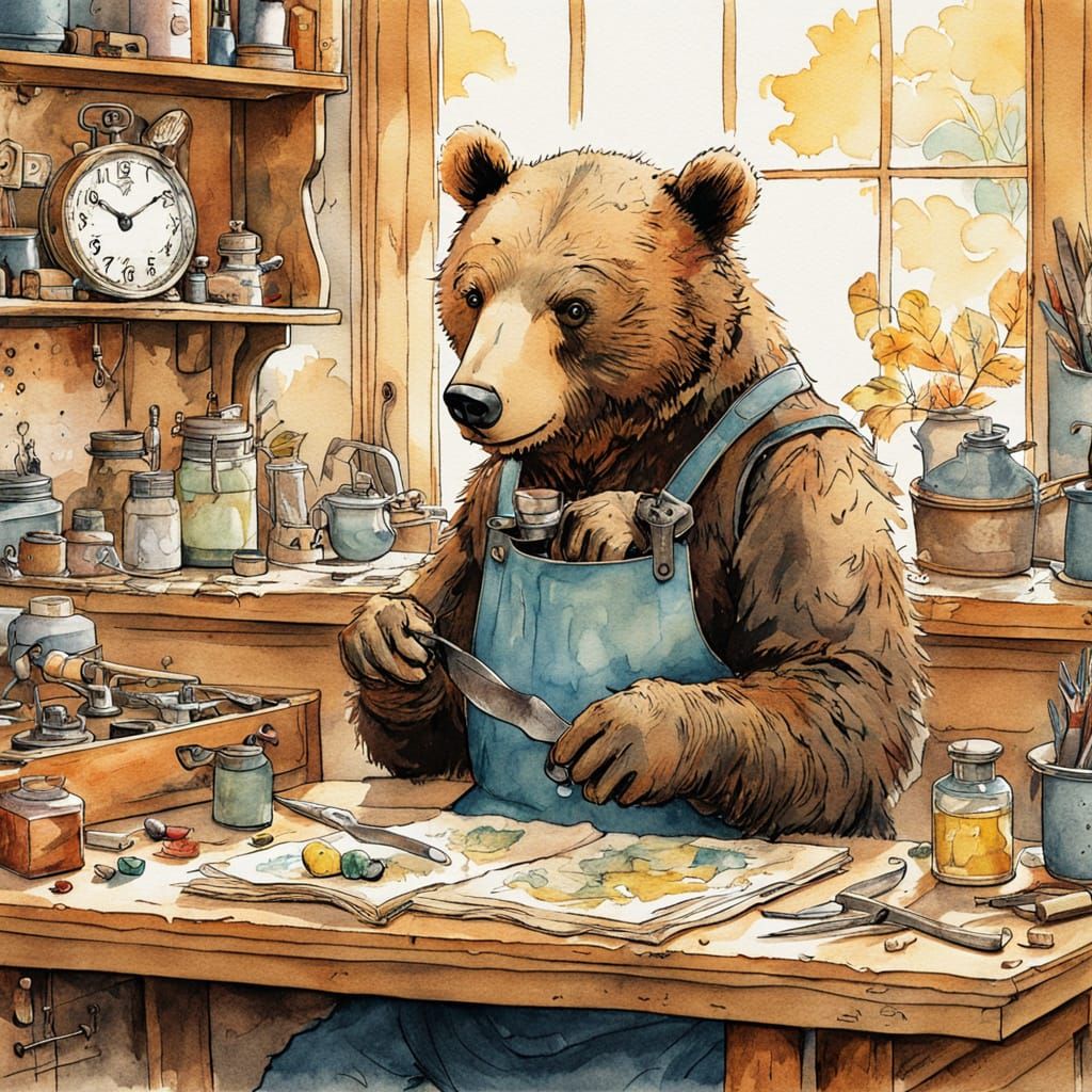 Bear Crafts Clockwork Bird in Whimsical Watercolor Style
