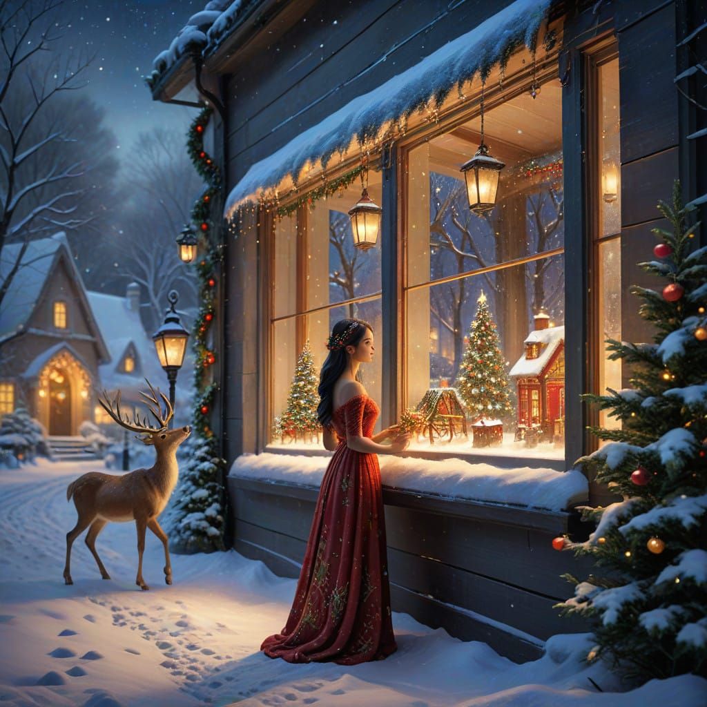 Thai Woman Enjoys Magical Christmas Scene Through Window