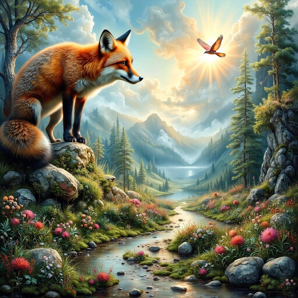 Fox Landscape: Hyperdetailed Oil Painting of Valley View