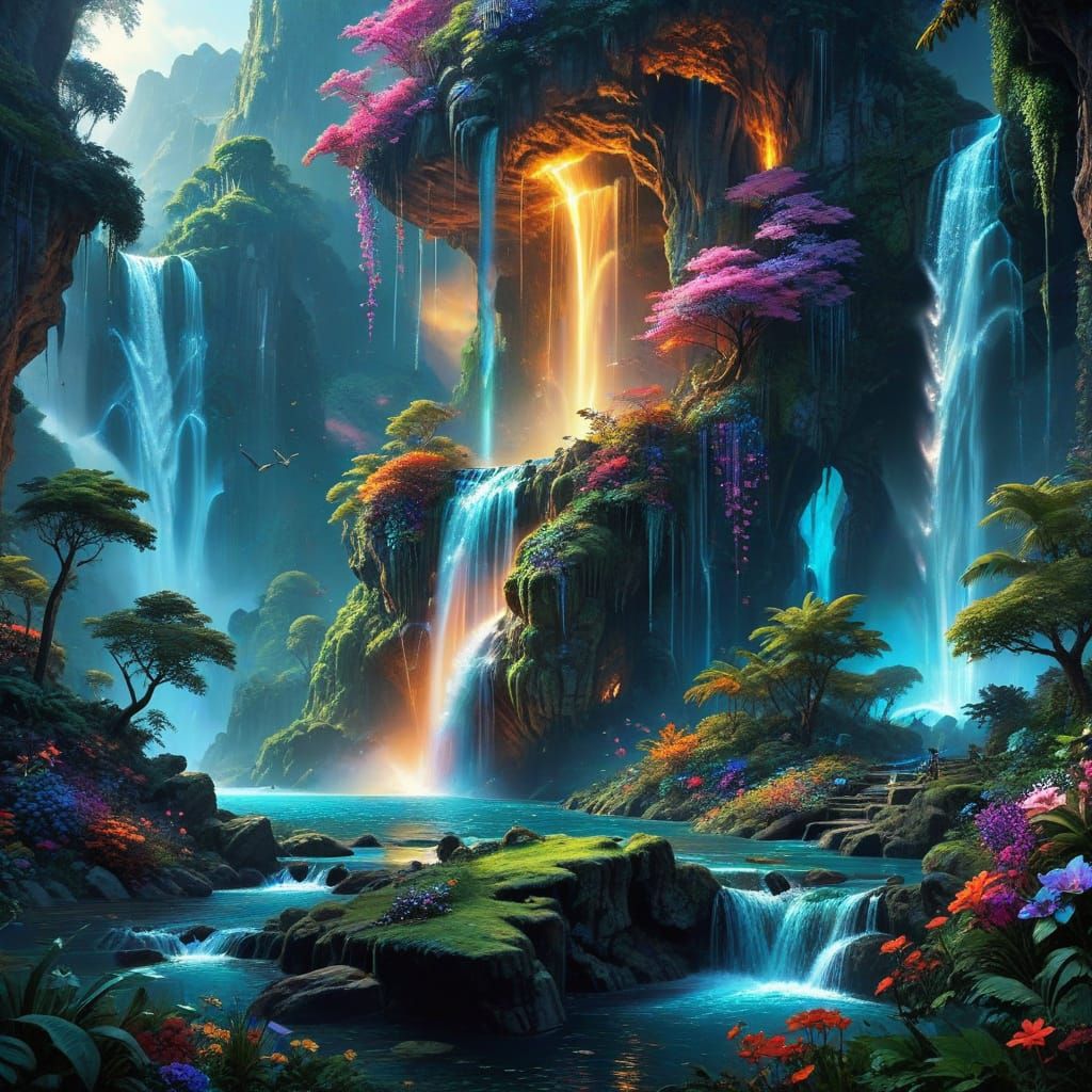 Epic Waterfall in Vibrant, Fantastical Paradise