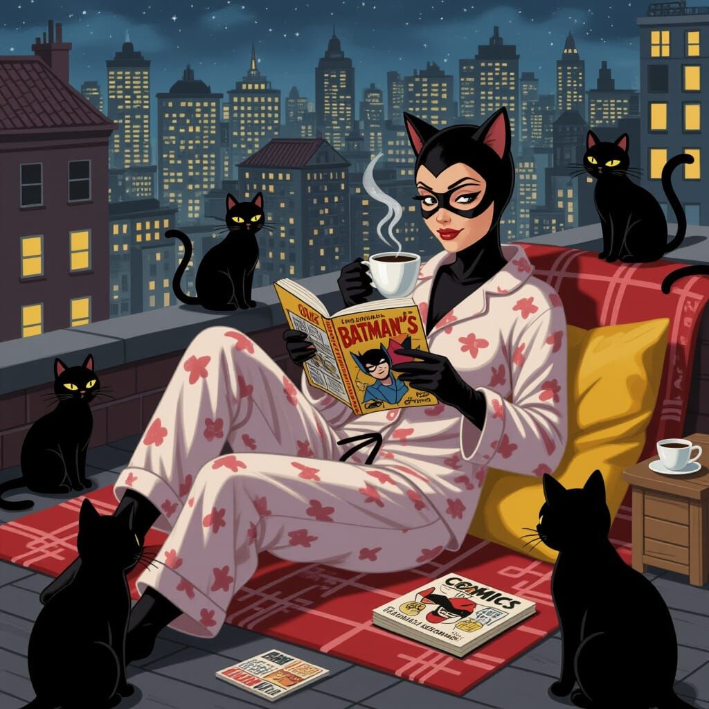 Catwoman Lounging on Rooftop with Cats, Ukiyo-e Style