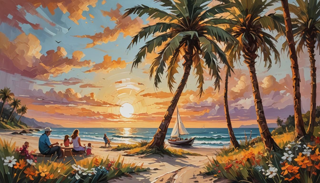 Family Picnic at Sunset: Expressive Oil Painting