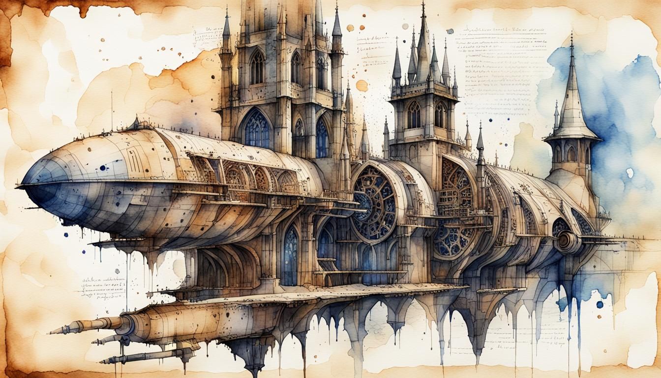 Gothic Spaceship Blueprints in Watercolor Style