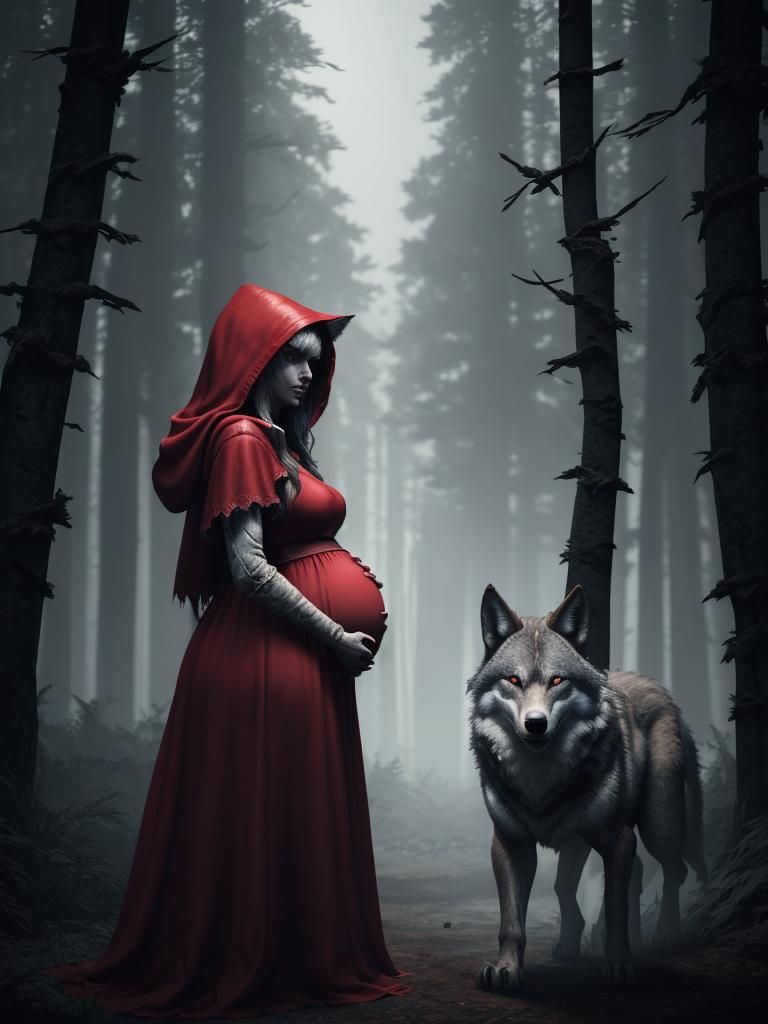 Pregnant Red Riding Hood in Dark Forest, 3D Render