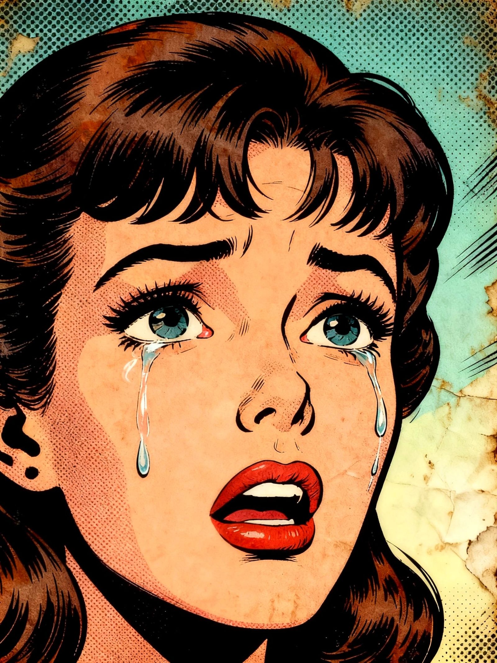 Retro Romance Comic Panel: Woman Crying in Vintage Style