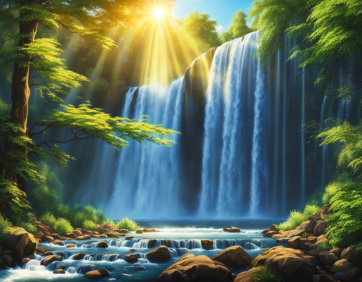 Sunlit Waterfall: Complex and Radiant Beauty