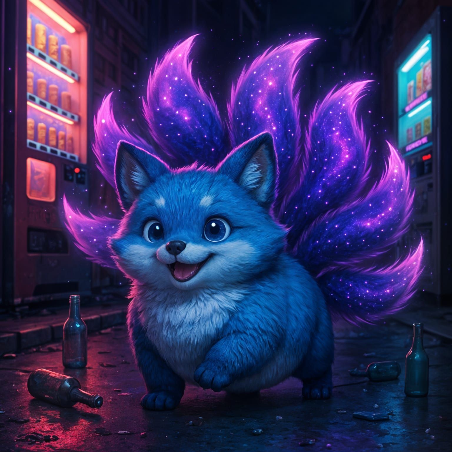 Cosmic Nine-Tailed Fox in Neon Alley