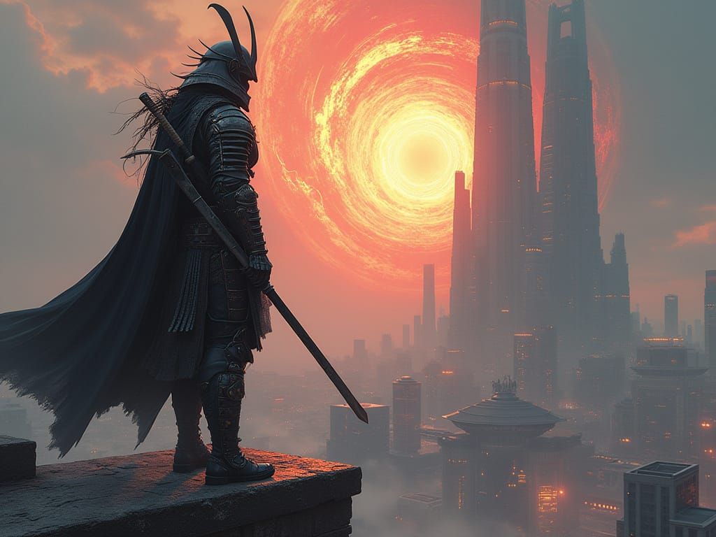 Cyberpunk Samurai Overlooking Futuristic Cityscape