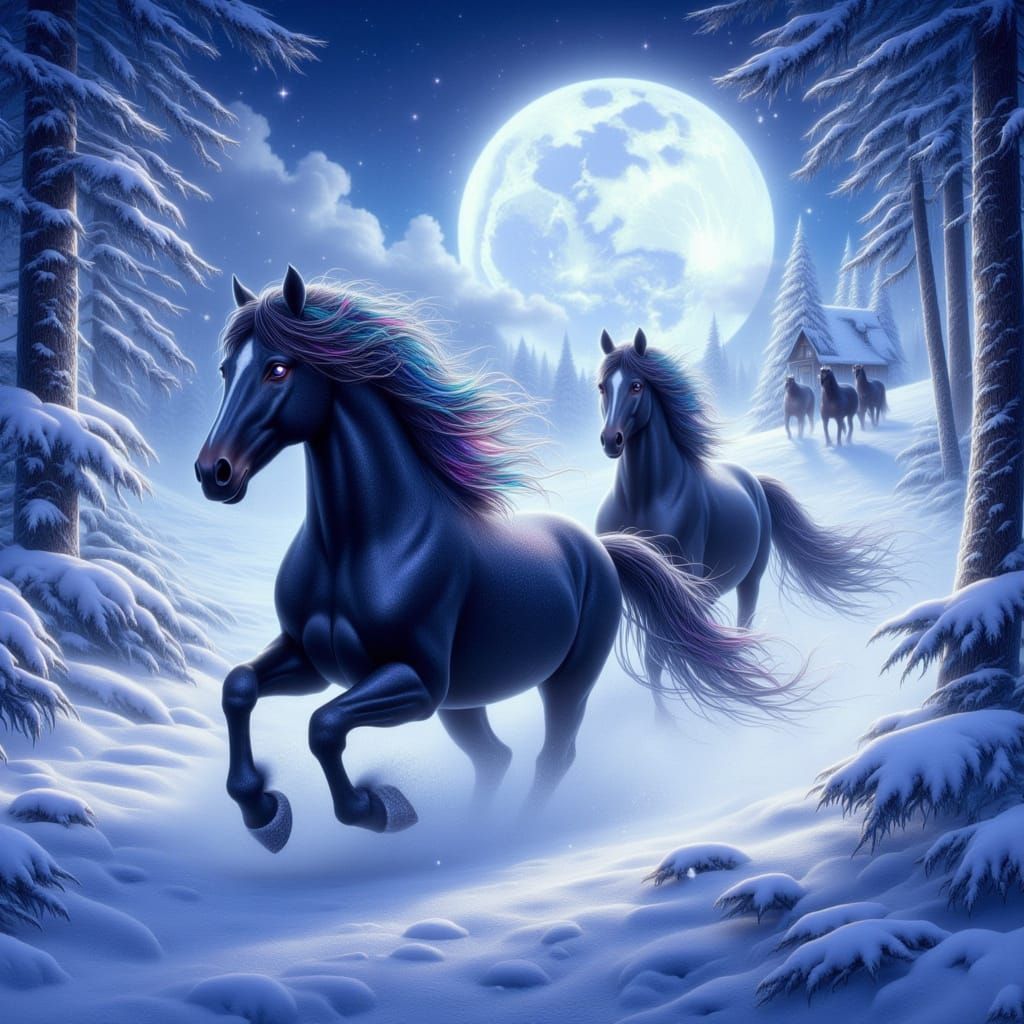Majestic Black Horses Galloping Through Ethereal Winter Wond...