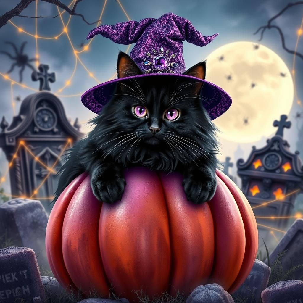Cat in Witch Hat on Pumpkin, Watercolour Illustration